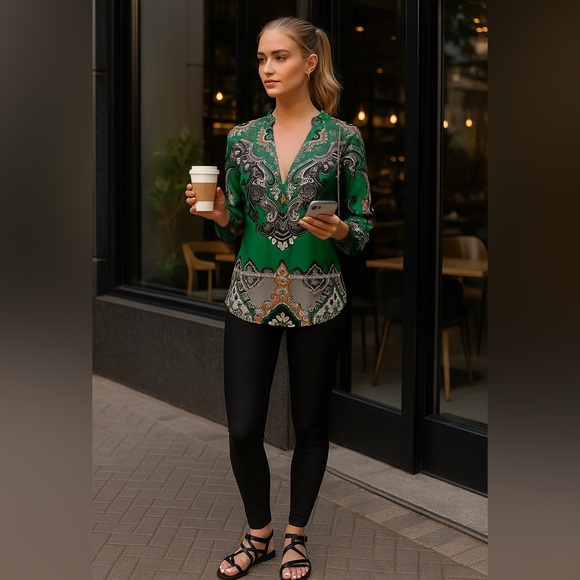 Chico's Tops - Chico’s Women’s Paisley Peasant Green/Black/Gray Top Size 8/10 High Collar